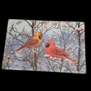 Vintage Glass Cutting Board Cardinals Winter Scene 12x8 Kitchen Decor